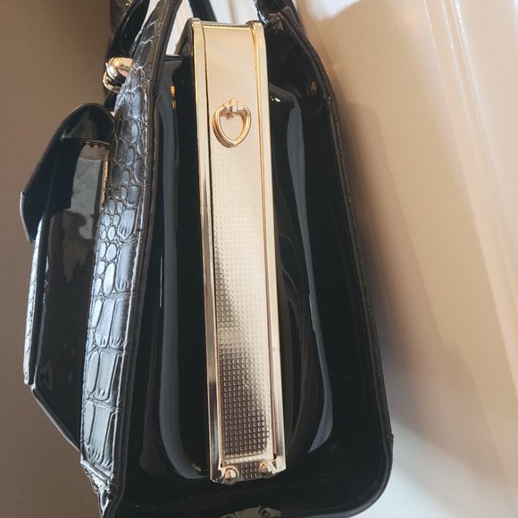 Black Patent and croc embossed PVC Structured Tote - Picture 3 of 11